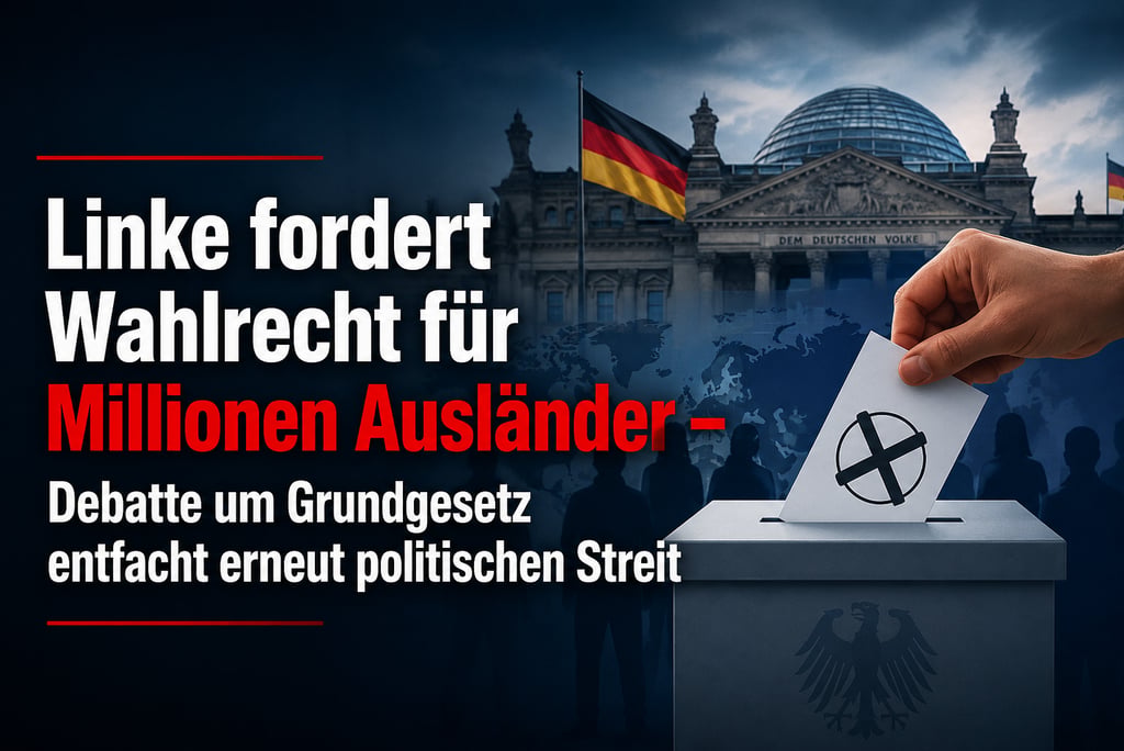 German political graphic showing a ballot box before the Reichstag building with text about voting rights for foreigners.
