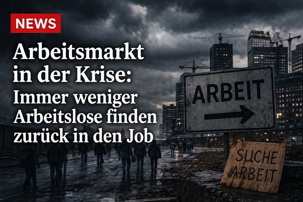 A dark city landscape with news text about the German labor market crisis and unemployment.