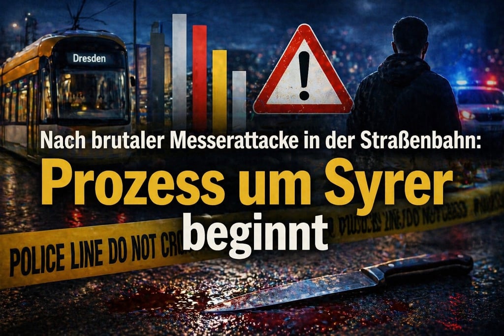 Dresden tram crime scene with police tape and knife, reporting on a Syrian man's trial for a brutal attack.