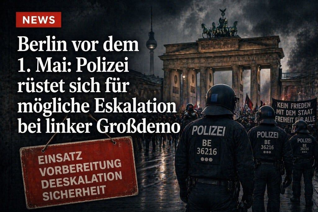 Berlin riot police stand before the Brandenburg Gate preparing for a May Day protest escalation.