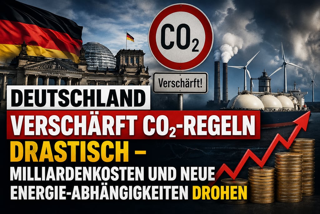 German Reichstag building with CO2 warning signs and industry smoke symbolizing energy policy costs.