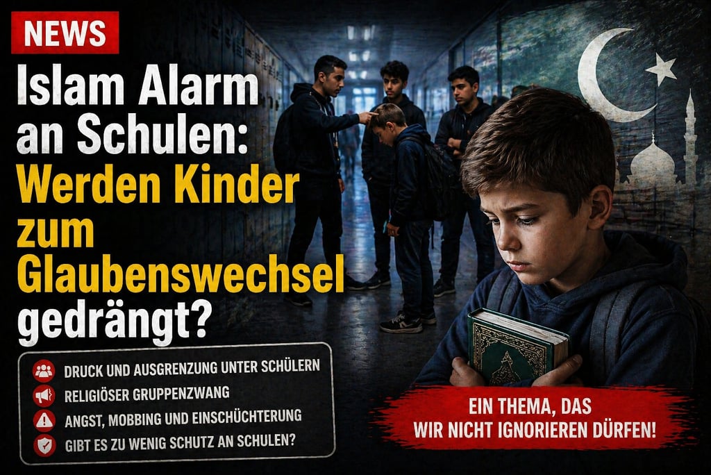 Dramatic news graphic about religious pressure in schools featuring a boy holding a book in a hallway.