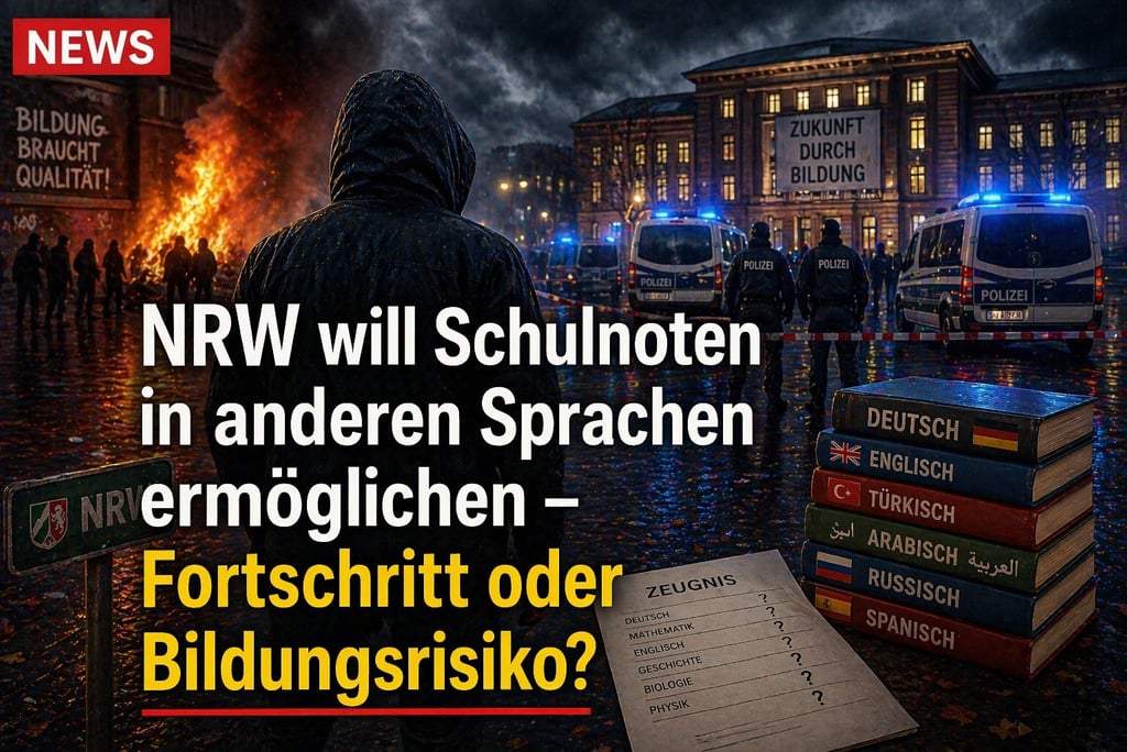 A hooded person looks at a burning building and police cars next to stacked multilingual textbooks and school grades.