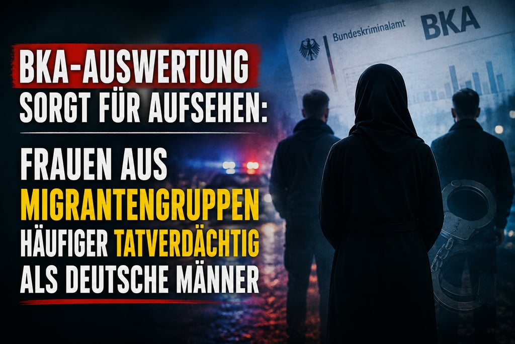 German BKA crime statistics report featuring migrant women suspects and handcuffs.