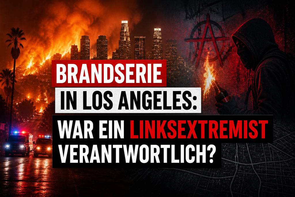 Dramatic image of Los Angeles fires with a masked figure holding a Molotov cocktail near an anarchy symbol.