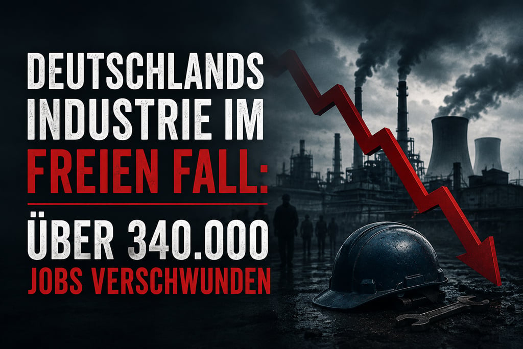 Red downward arrow over a factory background depicting the decline of German industry and job losses.