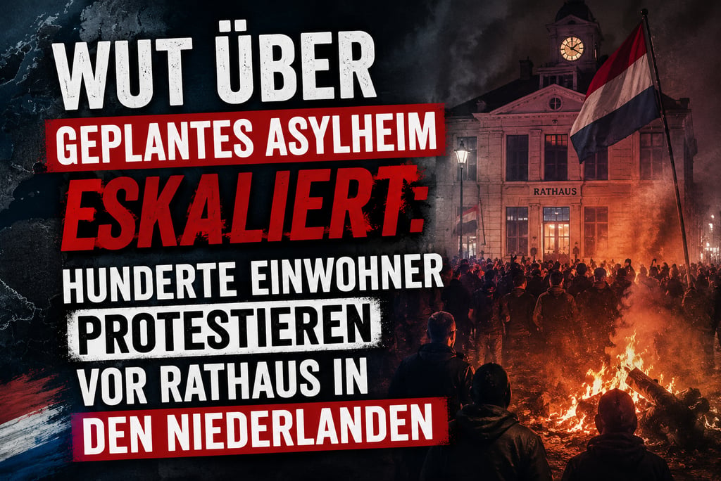 Crowd protesting with fire in front of a Dutch town hall against planned asylum centers.