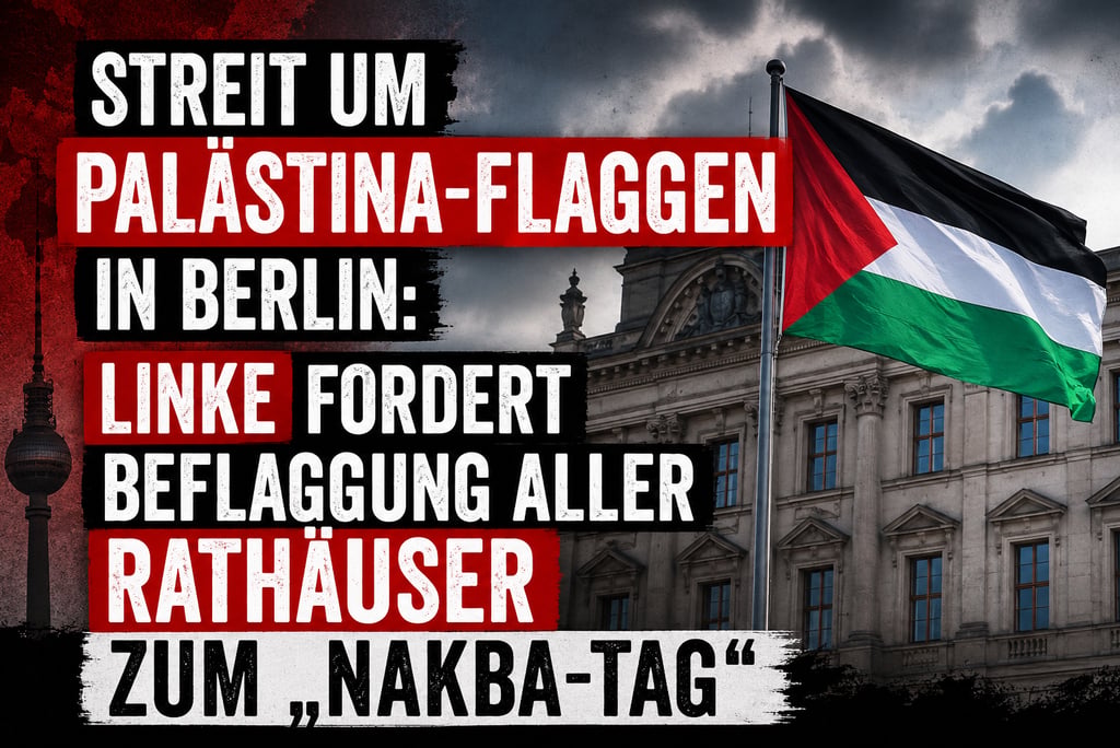 Palestinian flag flying in Berlin with German news text about Nakba Day flags at city halls.