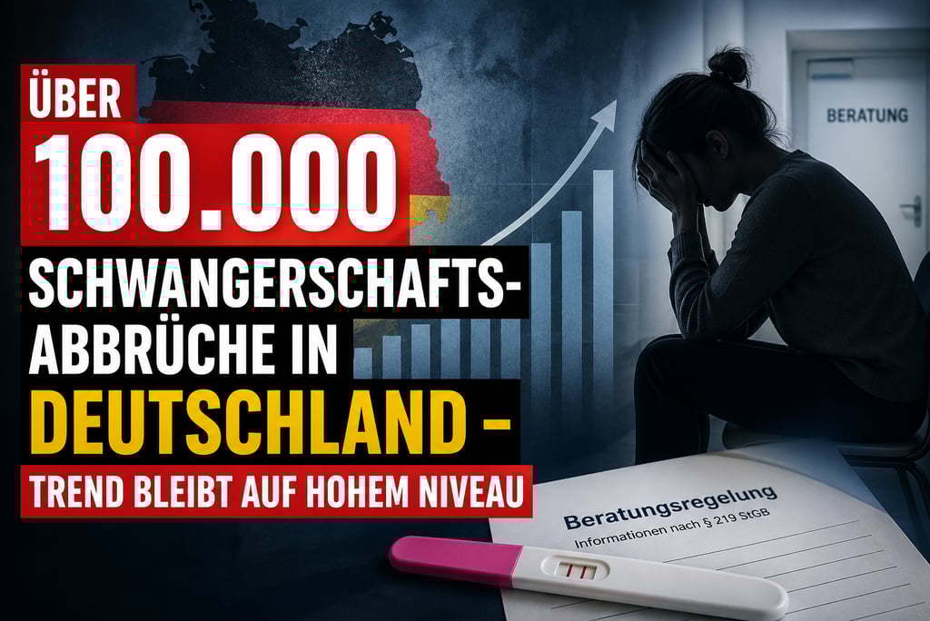 Statistics on abortions in Germany showing a rising trend chart and a distressed woman.