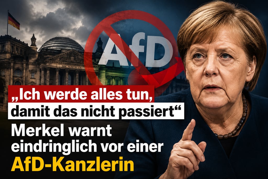 Angela Merkel portrait with Reichstag building and AfD party logo warning against a far-right chancellor.