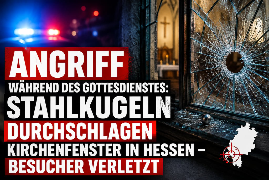 Shattered church window with a steel ball on the sill, police car lights in the background.