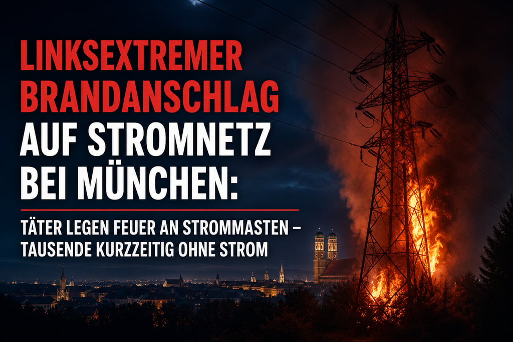 Night view of a burning power line mast near the Munich city skyline with news text about an arson attack.