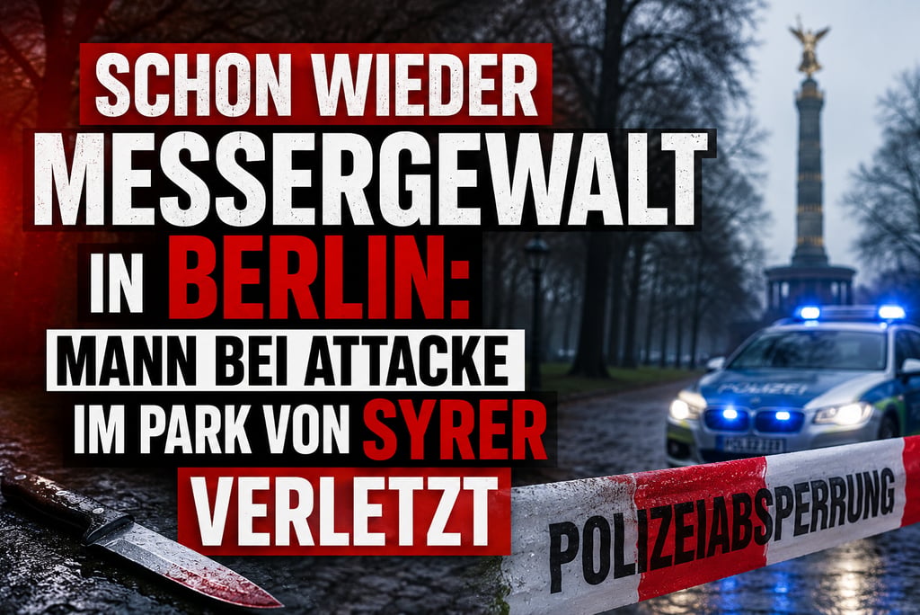 German news headline about knife violence in Berlin with a police car and crime scene tape.