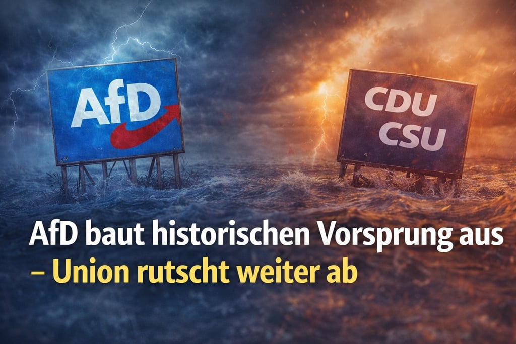 AfD and CDU/CSU election signs floating in a stormy sea representing German political polling shifts.