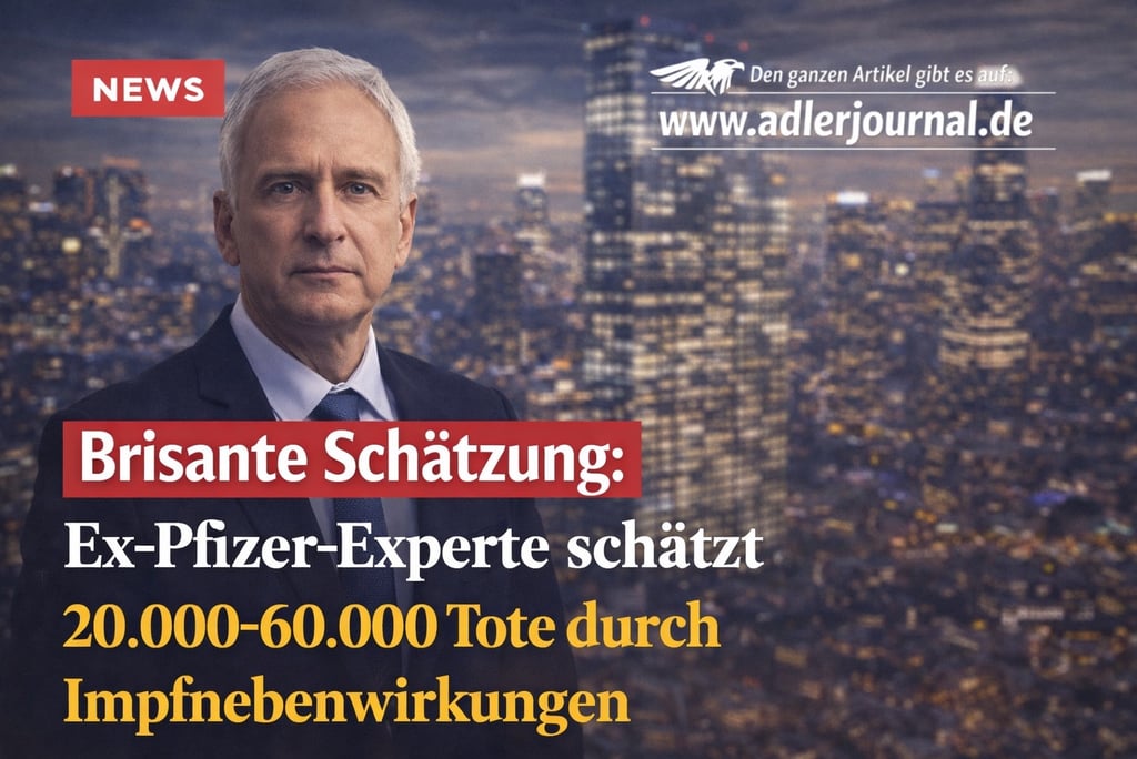 Ex-Pfizer expert report on vaccine side effects with man in suit against cityscape background.