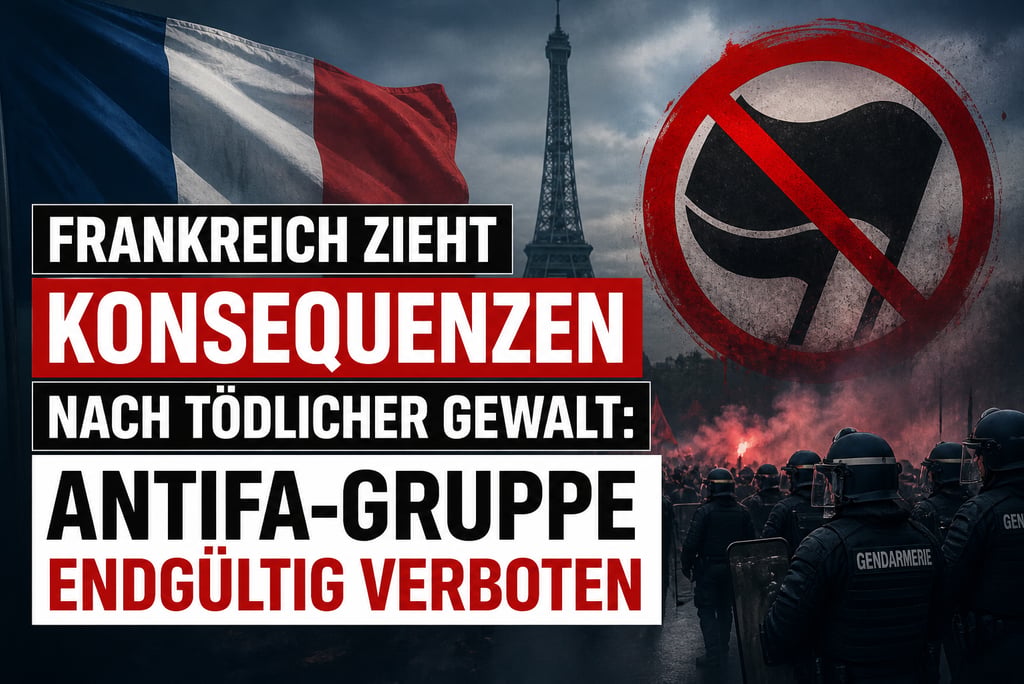 French flag and Eiffel Tower background with text about banning Antifa groups and riot police.