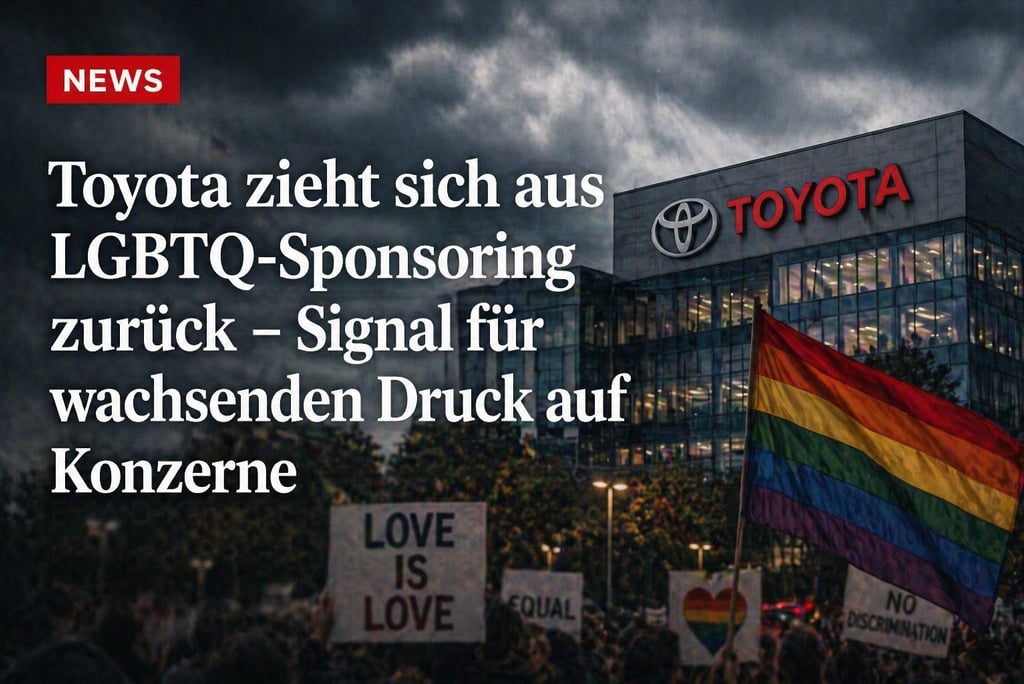 Toyota building under dark clouds with a rainbow pride flag and news text about LGBTQ sponsorship.