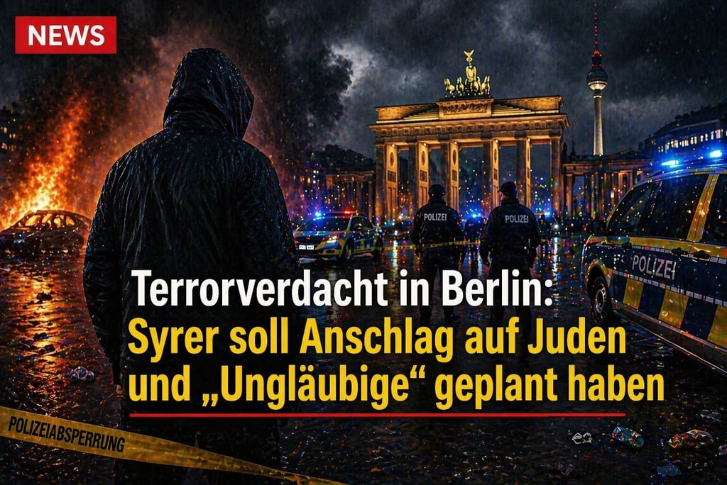 Berlin news report showing police at Brandenburg Gate near a fire with German text about a terror threat.