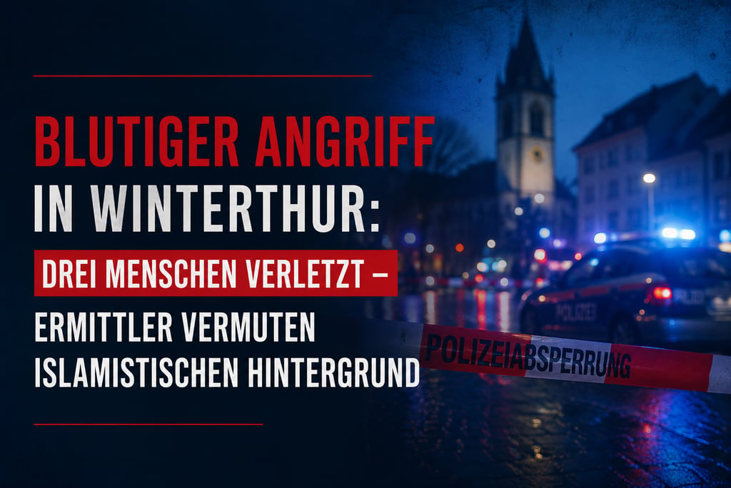 Police cordoned off area in Winterthur with emergency lights and a news headline about a violent attack.