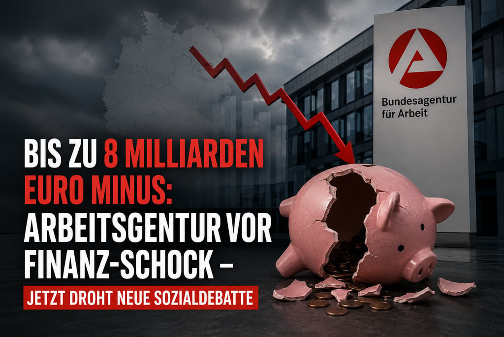 A broken piggy bank and falling red arrow symbolize the 8 billion euro budget deficit at the German Federal Employment