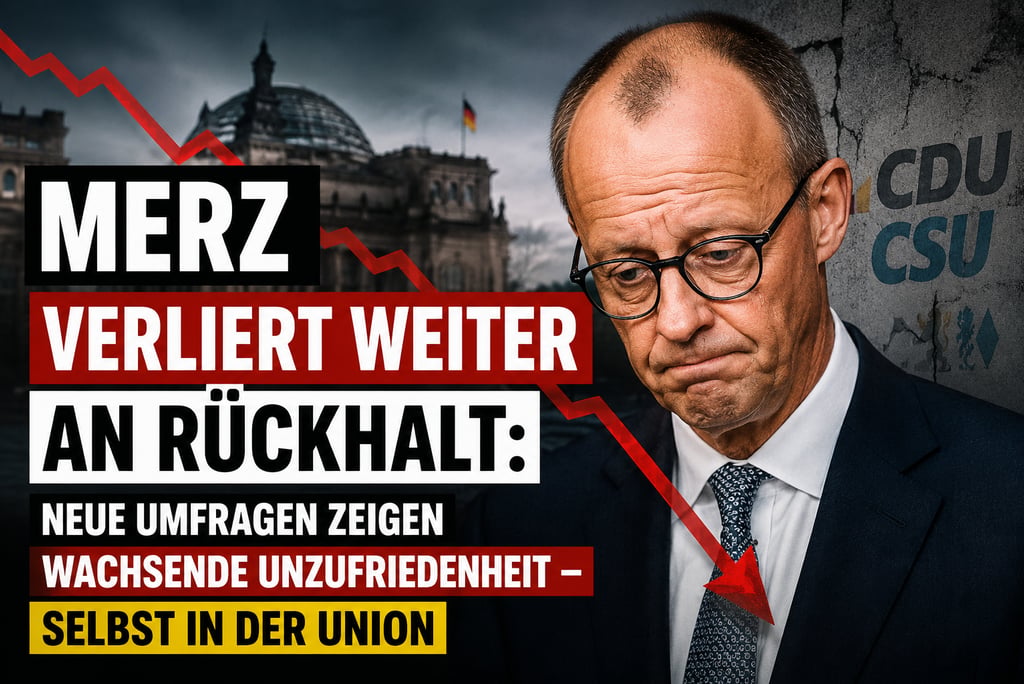 Friedrich Merz looking downcast next to a falling red arrow and text about CDU CSU poll results.