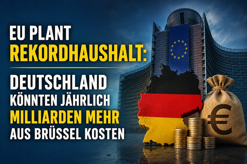 German flag map and money bag before the EU building representing the record EU budget costs.