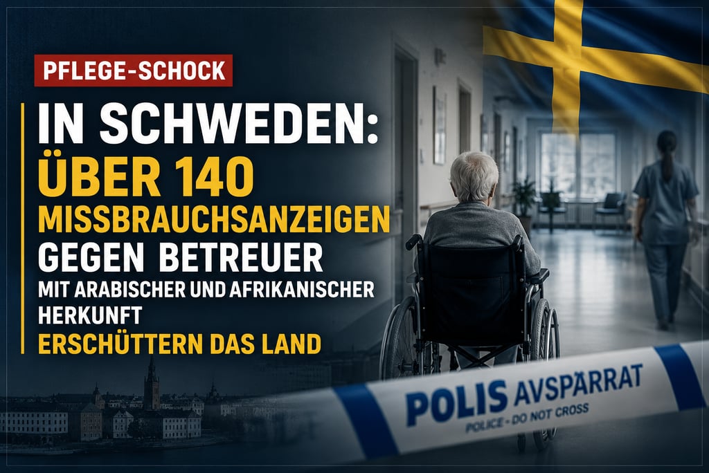 Elderly patient in a wheelchair at a Swedish care facility with police tape and Swedish flag.