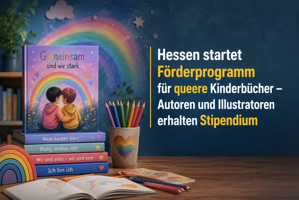 Stack of queer children's books and colored pencils with German text about a grant program in Hessen.