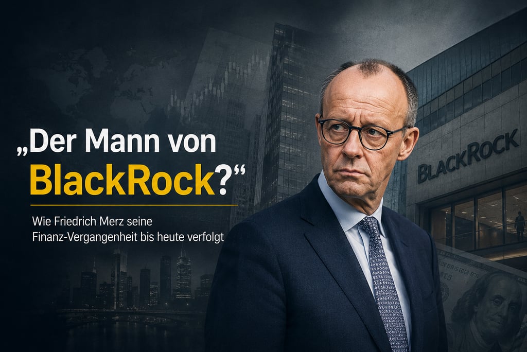 German politician Friedrich Merz pictured with BlackRock branding and financial district graphics.