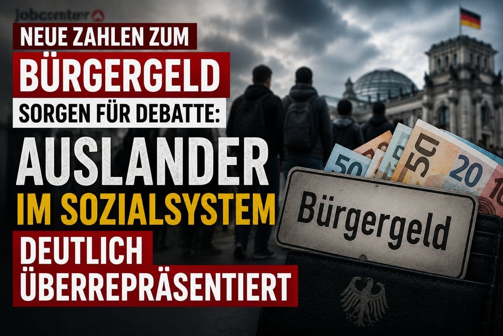 Image depicting a debate on "Bürgergeld" (citizen's income) in Germany, showing cash, a sign for "Bürgergeld," and a blurry