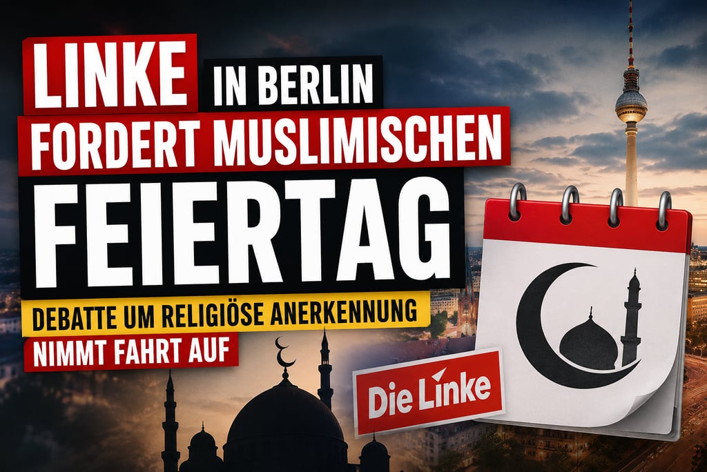 Political graphic about Die Linke party in Berlin proposing a Muslim holiday, featuring the TV Tower and a mosque silhouette.