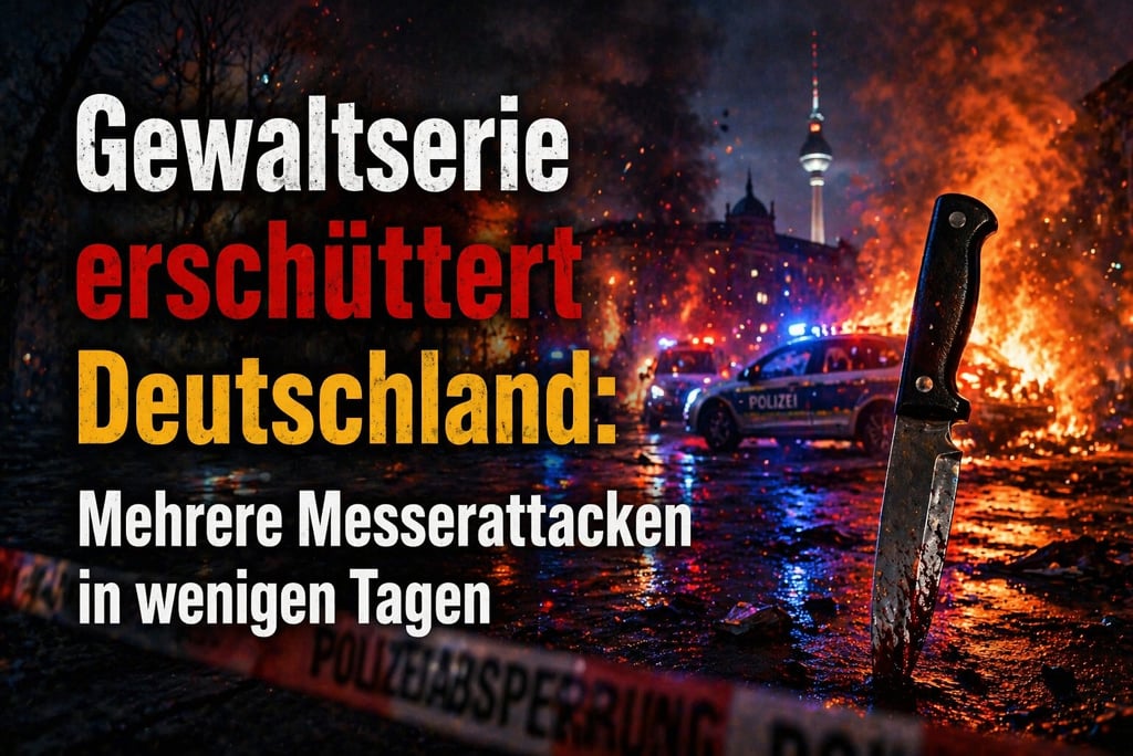 Dramatic scene in Berlin at night with a knife, police cars, fire, and German news text about violence.
