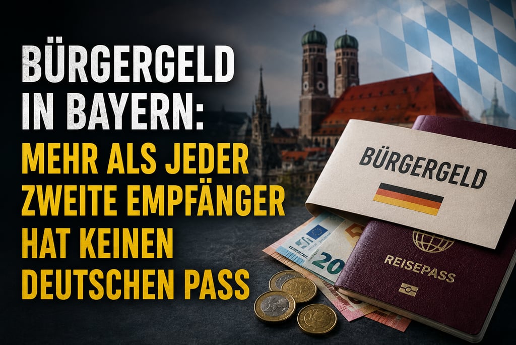 Bürgergeld in Bayern infographic with German passport, Euro cash, and Munich city background.