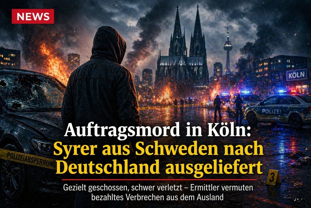 Dramatic news graphic of a burning city skyline in Cologne, Germany, featuring police cars and news text.