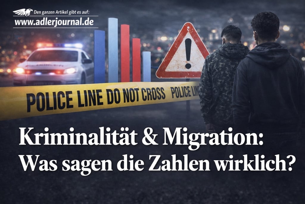 Polizeiabsperrband und Kriminalstatistik-Balkendiagramm über einem Tatort mit Polizeiwagen.