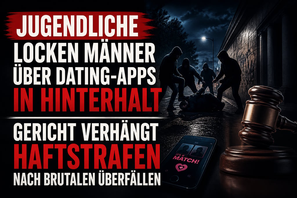 A dark alley scene with a silhouette of attackers, a dating app match, and a judge's gavel.