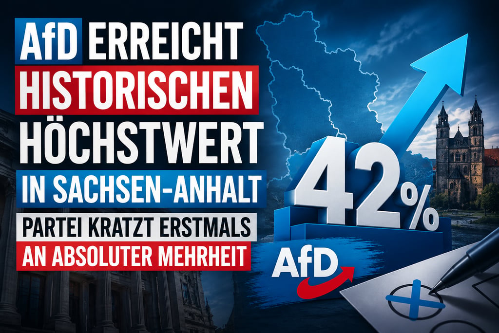 AfD graphic showing 42 percent poll results and a record high in Saxony-Anhalt, Germany.