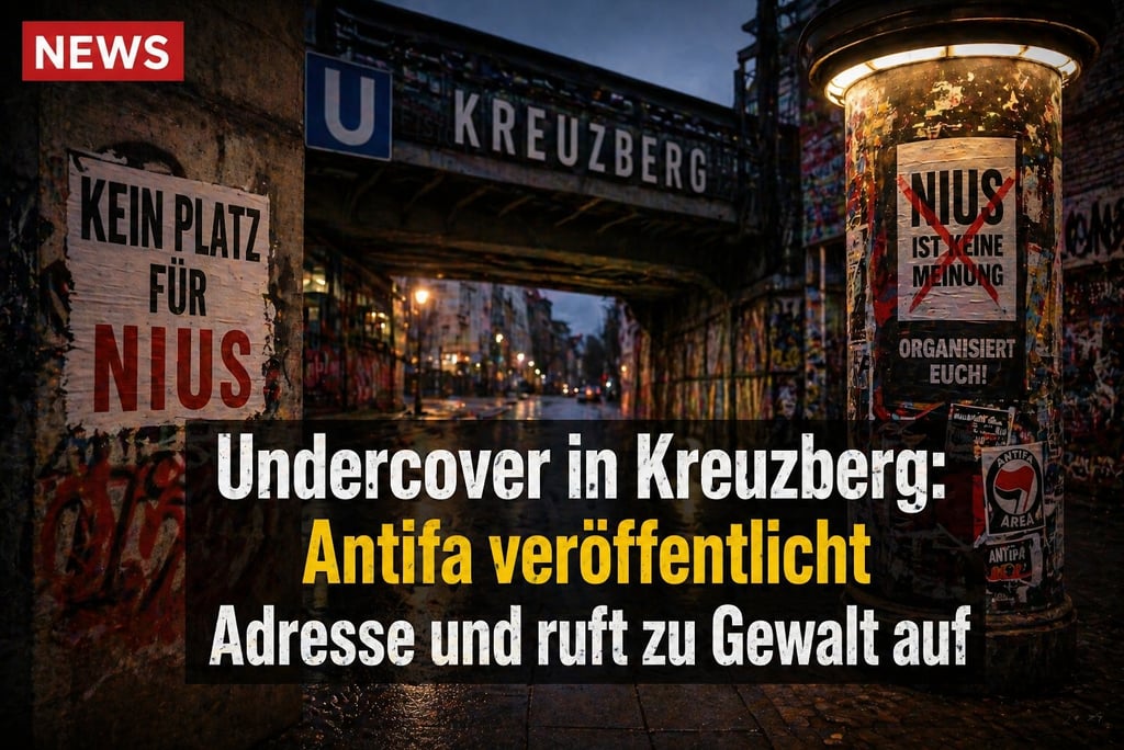 Urban street scene in Berlin Kreuzberg with political posters and graffiti near a U-Bahn station.