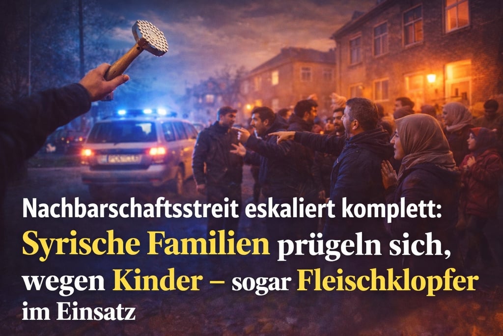 Crowd of people arguing at night in a residential street with police cars and German news text overlay.