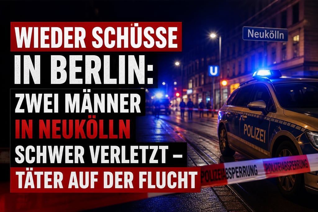 German police car at a crime scene in Berlin Neukölln with emergency lights and cordoned-off area.
