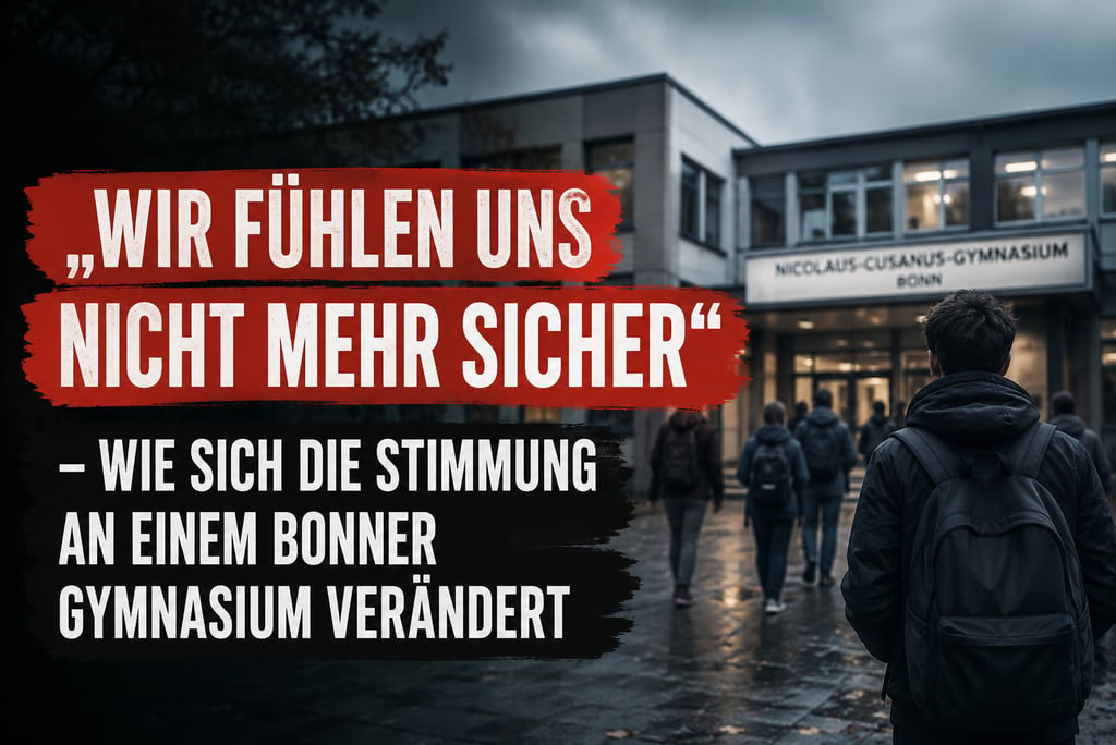 Students entering Nicolaus-Cusanus-Gymnasium Bonn with text about school safety concerns in Germany.