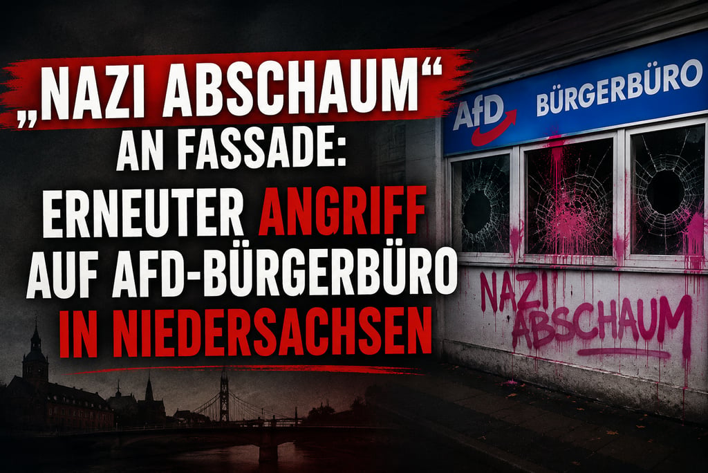 An AfD citizens' office in Lower Saxony vandalized with graffiti and broken windows after an attack.