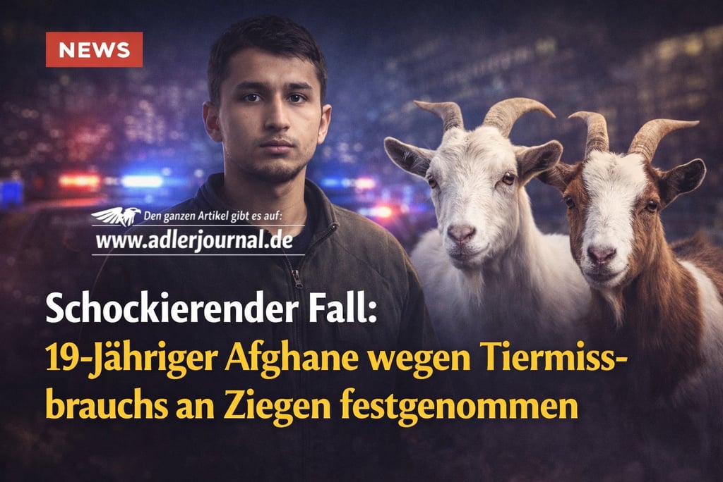 A news graphic showing a young man next to two goats with emergency lights in the background.
