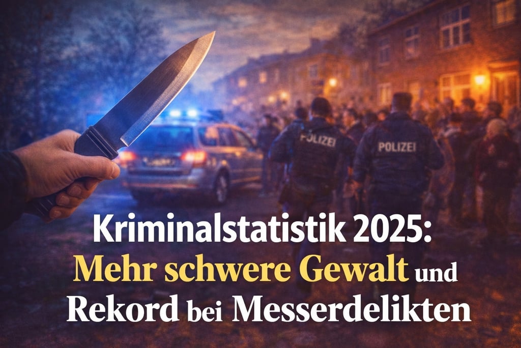 Hand holding a knife at a crime scene with German police officers and police cars at night.