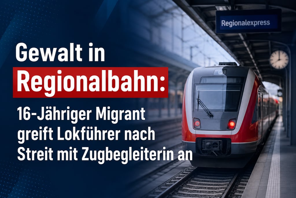 A Regionalexpress train at a station platform with text about an incident involving a passenger.