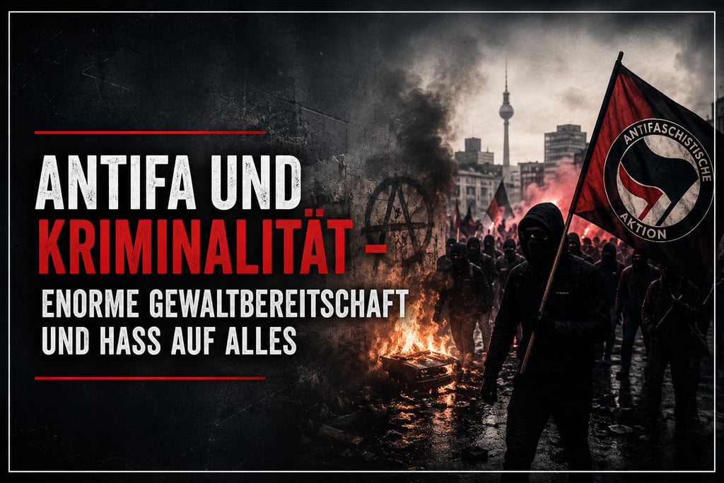 Dramatic protest scene in Berlin featuring Antifa flags, street fires, and masked figures with German text.