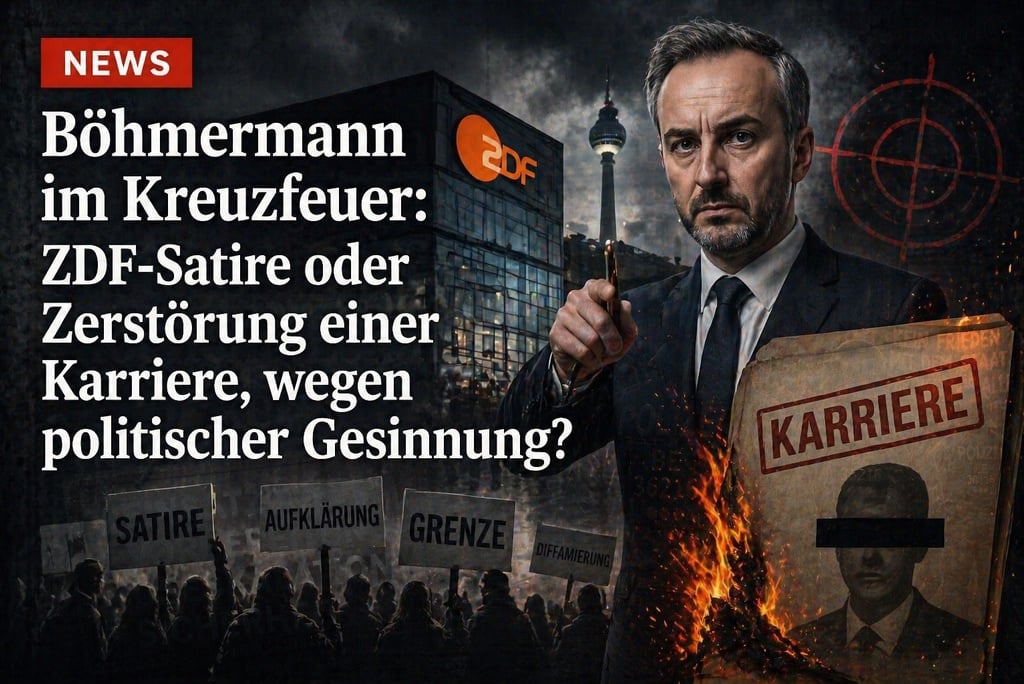 Jan Böhmermann news graphic regarding ZDF satire controversy and career impact with Berlin background.