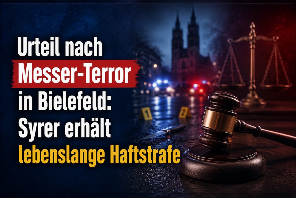Judge's gavel and scales of justice near a crime scene with police lights for a Bielefeld court verdict.