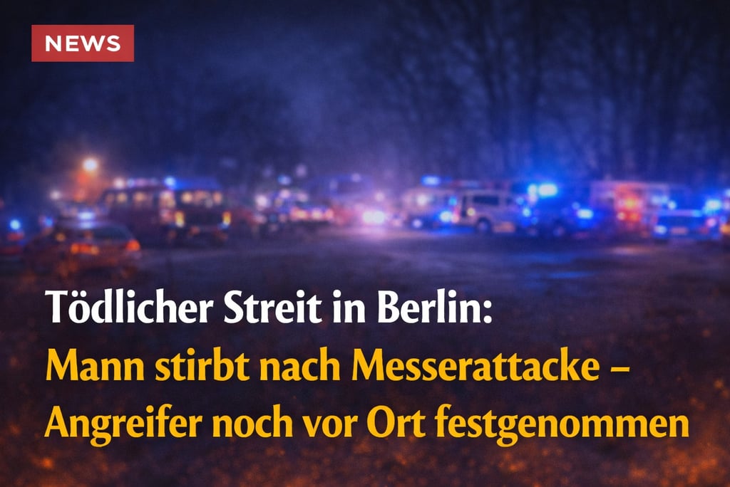 Emergency vehicles with flashing blue lights at a night crime scene in Berlin for a news report.
