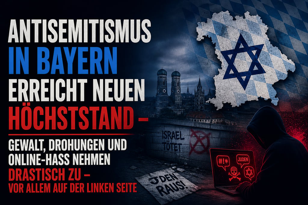 Poster about rising antisemitism in Bavaria featuring Munich's skyline and a hooded figure at a laptop.